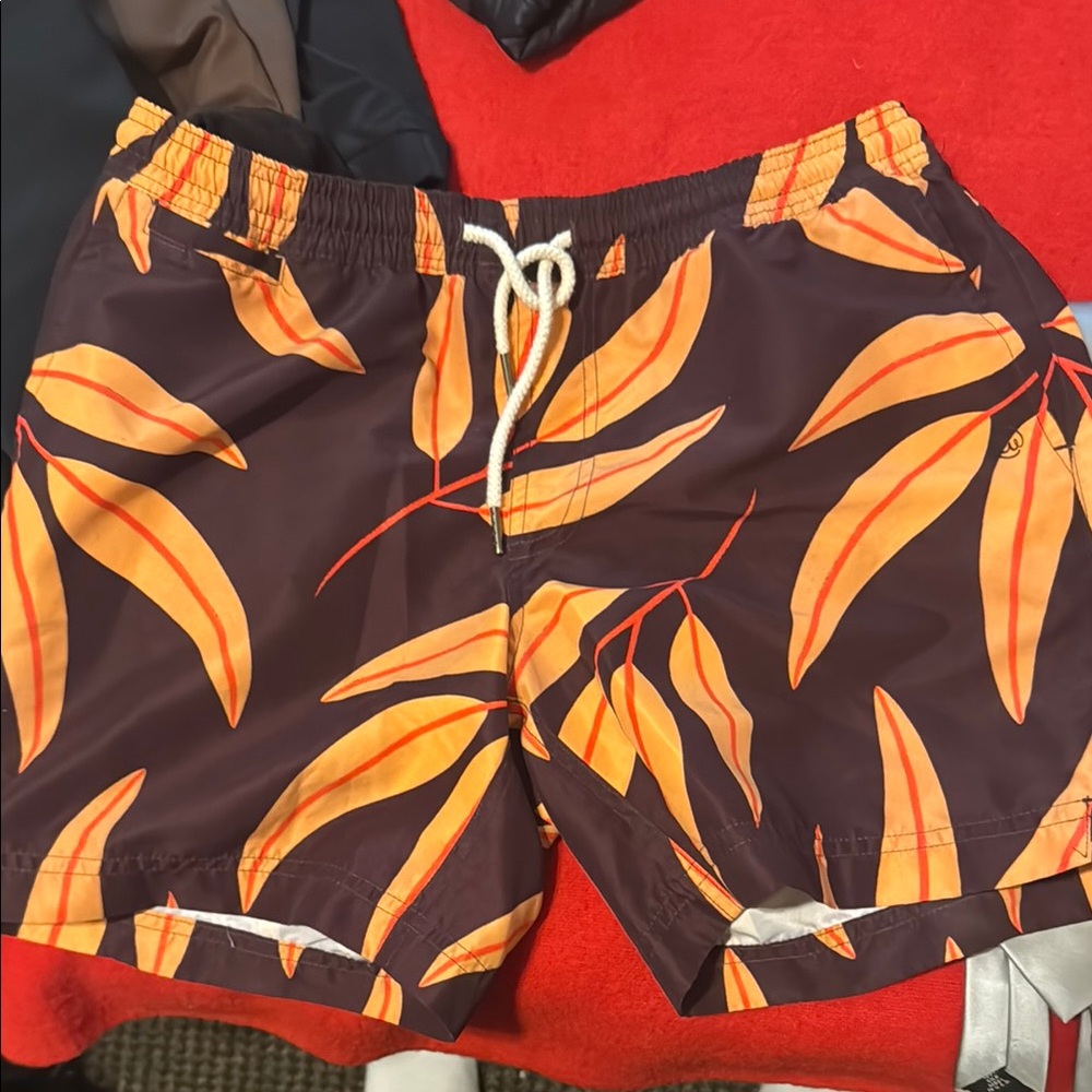 Orange and Brown Tropical Leaf Swim Trunks